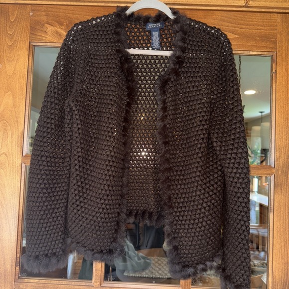 Jones New York Open Front Angora & Wool Fur Trim Cardigan Brown Size Large - Picture 1 of 5